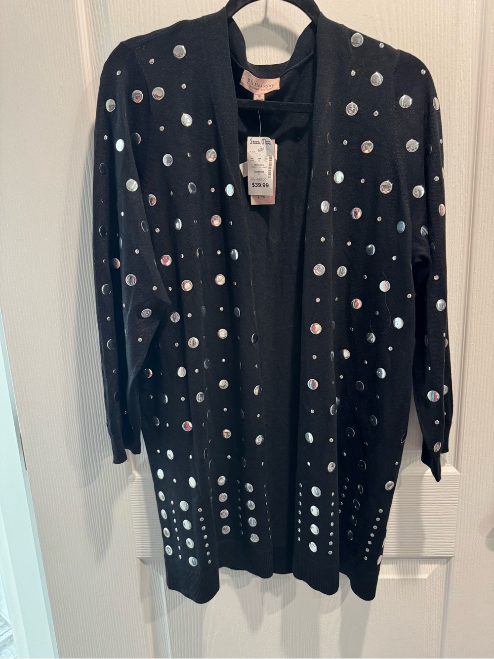 Philosophy Woman Black Silver Stud Embellished Long Cardigan 1X NWT